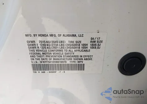 2017 Honda Pilot Lx из США, поврежденный, VIN 5FNYF5H12HB016970